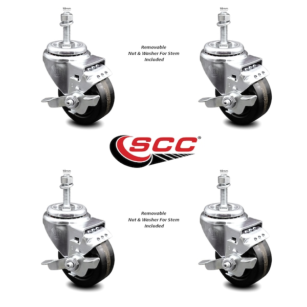 3 Inch Phenolic Wheel Swivel 10mm Threaded Stem Caster Set with Brake SCC